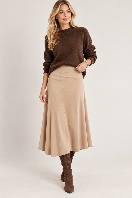 Azalea Asymmetric Hem Vegan Suede Skirt in salted caramel by Lysse
