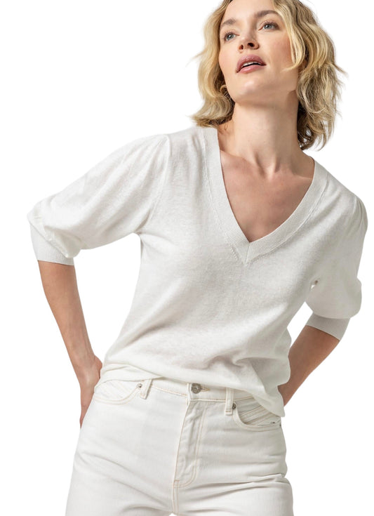Puff Sleeve V-Neck Sweater in linen by Lilla P