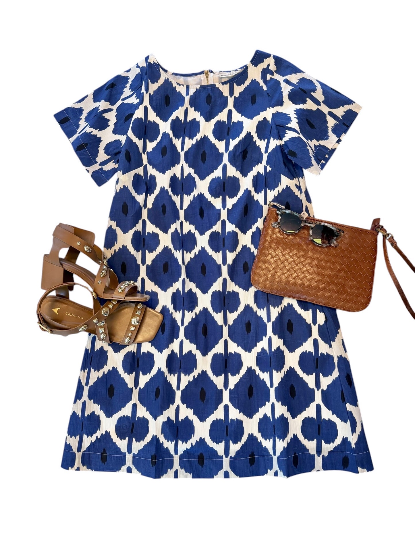 Edie Short Sleeve Mini Dress in indigo diamond by Fitzroy & Willa