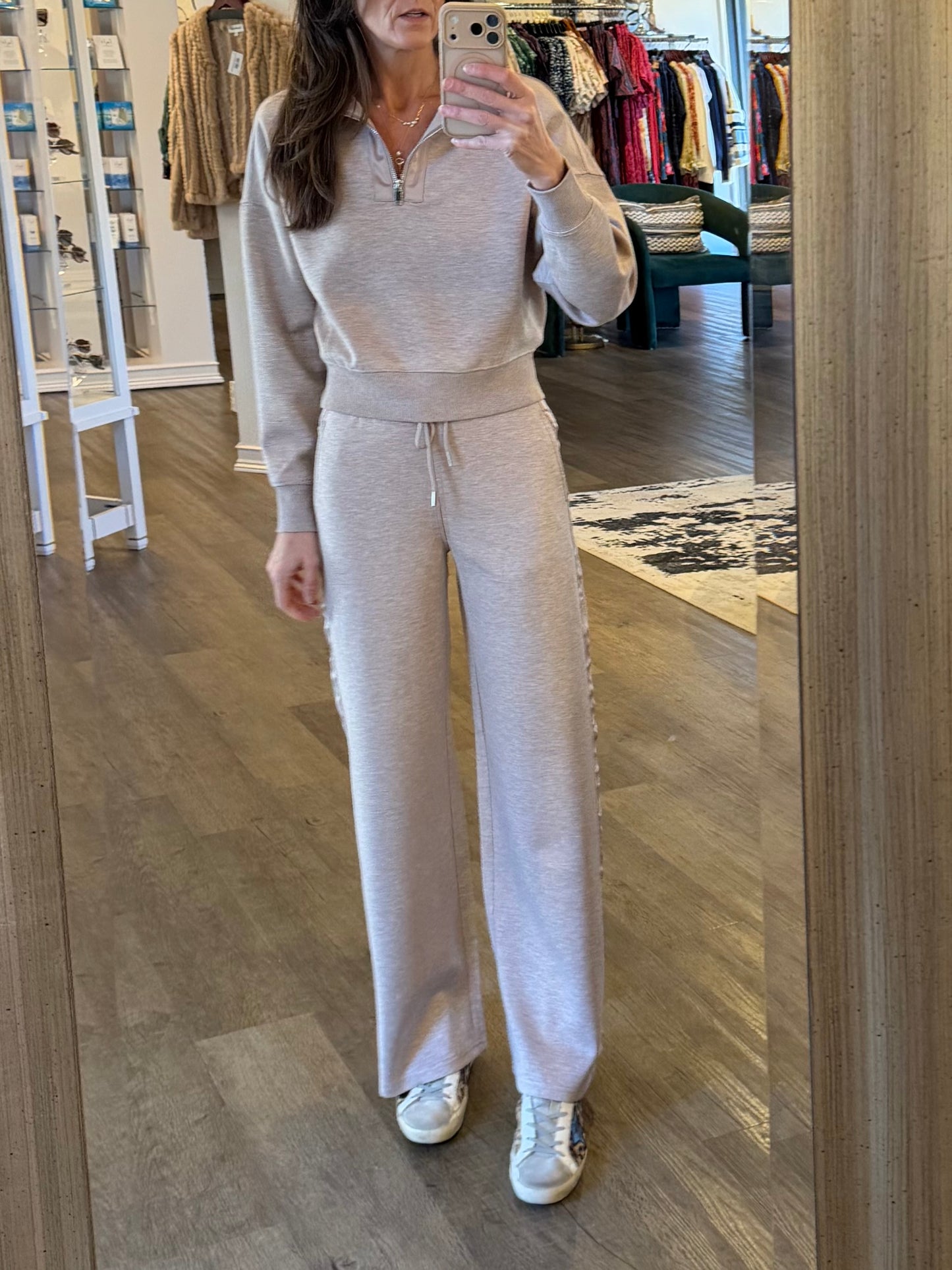 Erika Soft Scuba Drawstring Pant in taupe mélange by RD