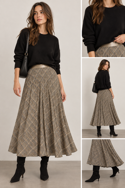 Sabrina Ponte Pleated Midi Skirt in smoked green plaid by Lysse