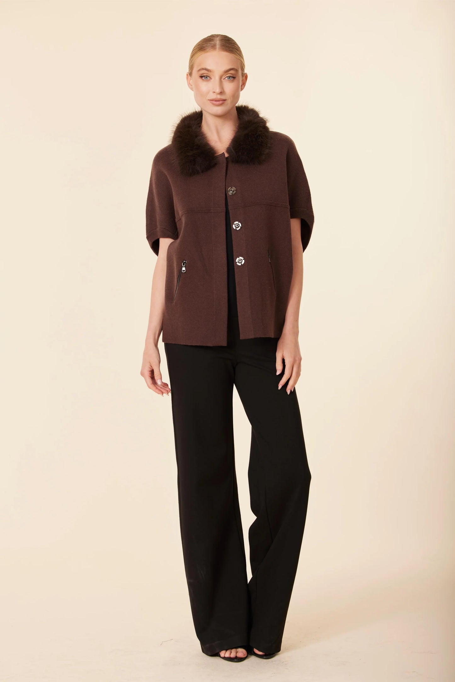 Faux Fur Trimmed Cardigan Poncho in espresso by Dolce Cabo