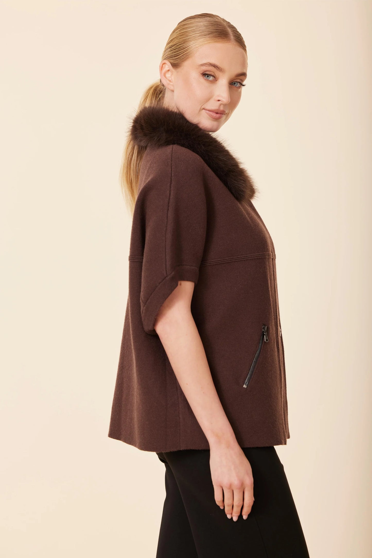 Faux Fur Trimmed Cardigan Poncho in espresso by Dolce Cabo