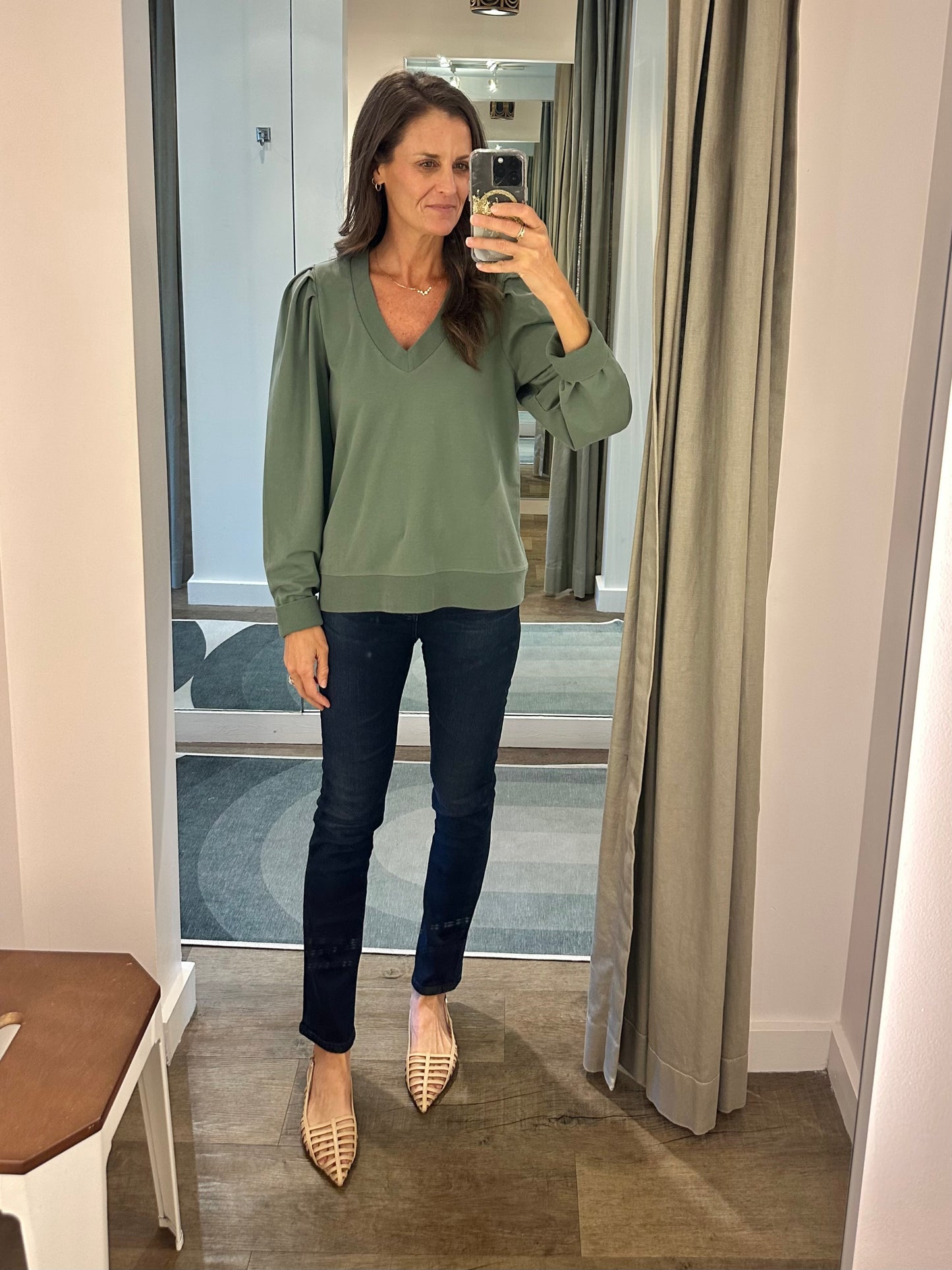 Sammi V-Neck Sweatshirt in slate green by Another Love