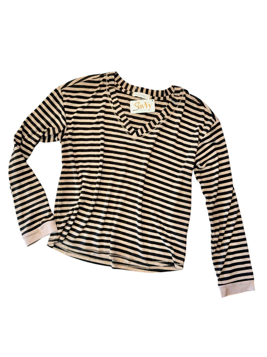 L/S V-Neck Easy Fit Top in dark oatmeal/charcoal stripe by Mododoc