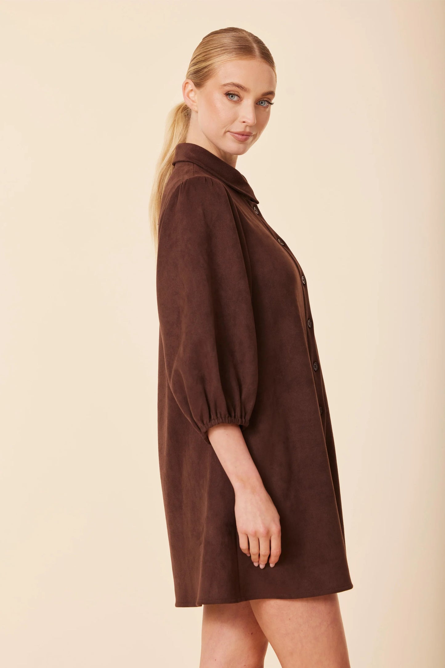 Faux Suede Exaggerated Sleeve Dress in coffee by Dolce Cabo