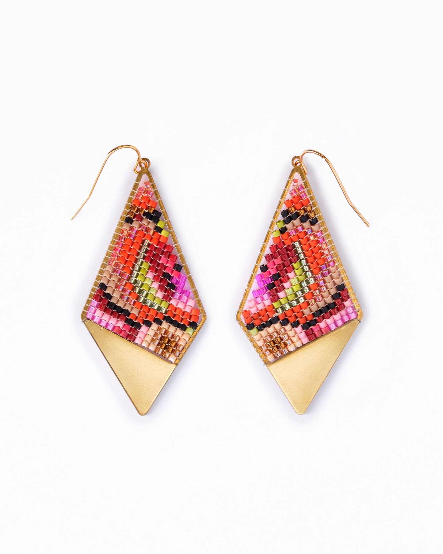 Beaded Handwoven Kaleidoscope Kite Earrings in pink/orange by Mayana