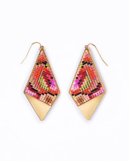 Beaded Handwoven Kaleidoscope Kite Earrings in pink/orange by Mayana