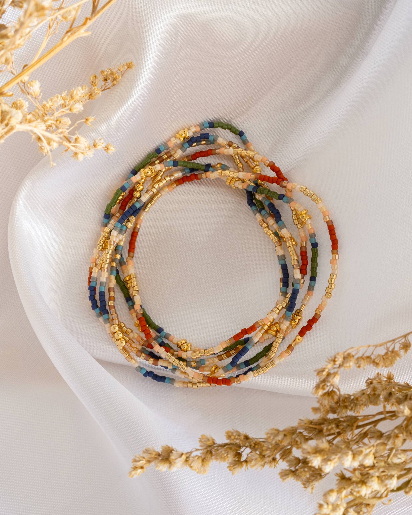 Set/7 Miyuki Beaded Stretch Bracelets (Blue/Green/Rust)