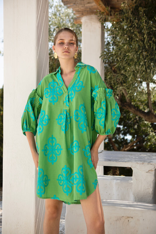 Elbow Sleeve Embroidered Shift Dress in green/teal by Nema