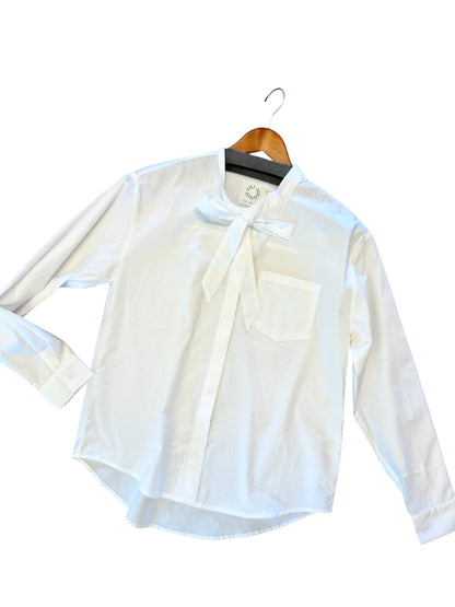 Long Sleeve Button Up Blouse with Bow Detail in white by Molly Bracken