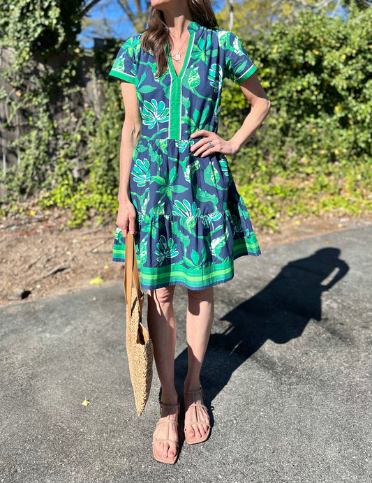 Alison Short Sleeve Dress in jungle vine navy/green by LA Plage