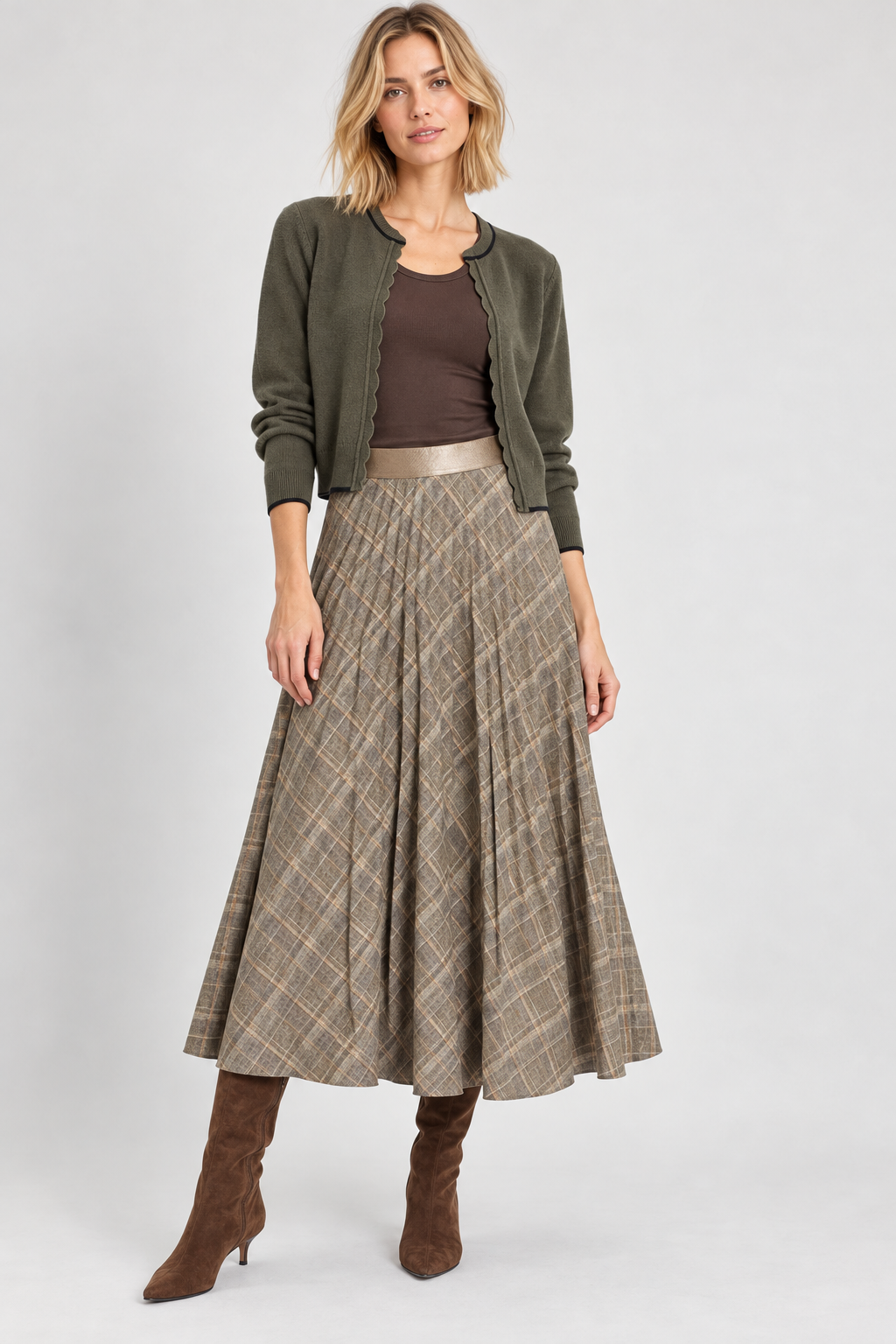 Sabrina Ponte Pleated Midi Skirt in smoked green plaid by Lysse