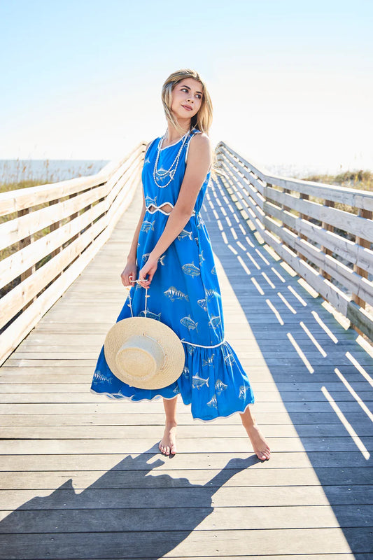 Lina Fish Print Dress in blue by Beau & Ro