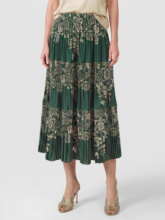 Floral Print Tiered Pleated Midi Skirt in green multi by Current Air