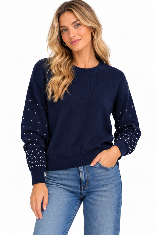 Long Sleeve Rhinestone Crew Sweater in midnight by J.Society