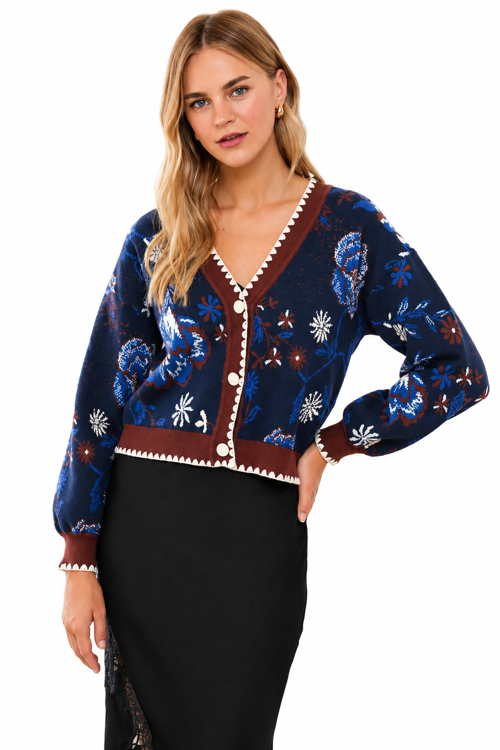 Floral Intarsia Sweater Cardigan in navy by Skies Are Blue