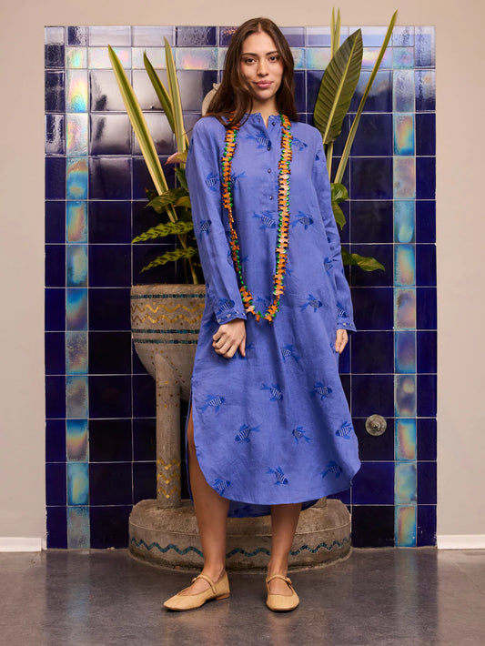 Cedar Kaftan with Fish Embroidery in blue by Nimo