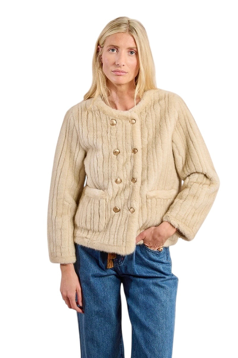 Double Breasted Button Faux Fur Jacket in beige by Molly Bracken