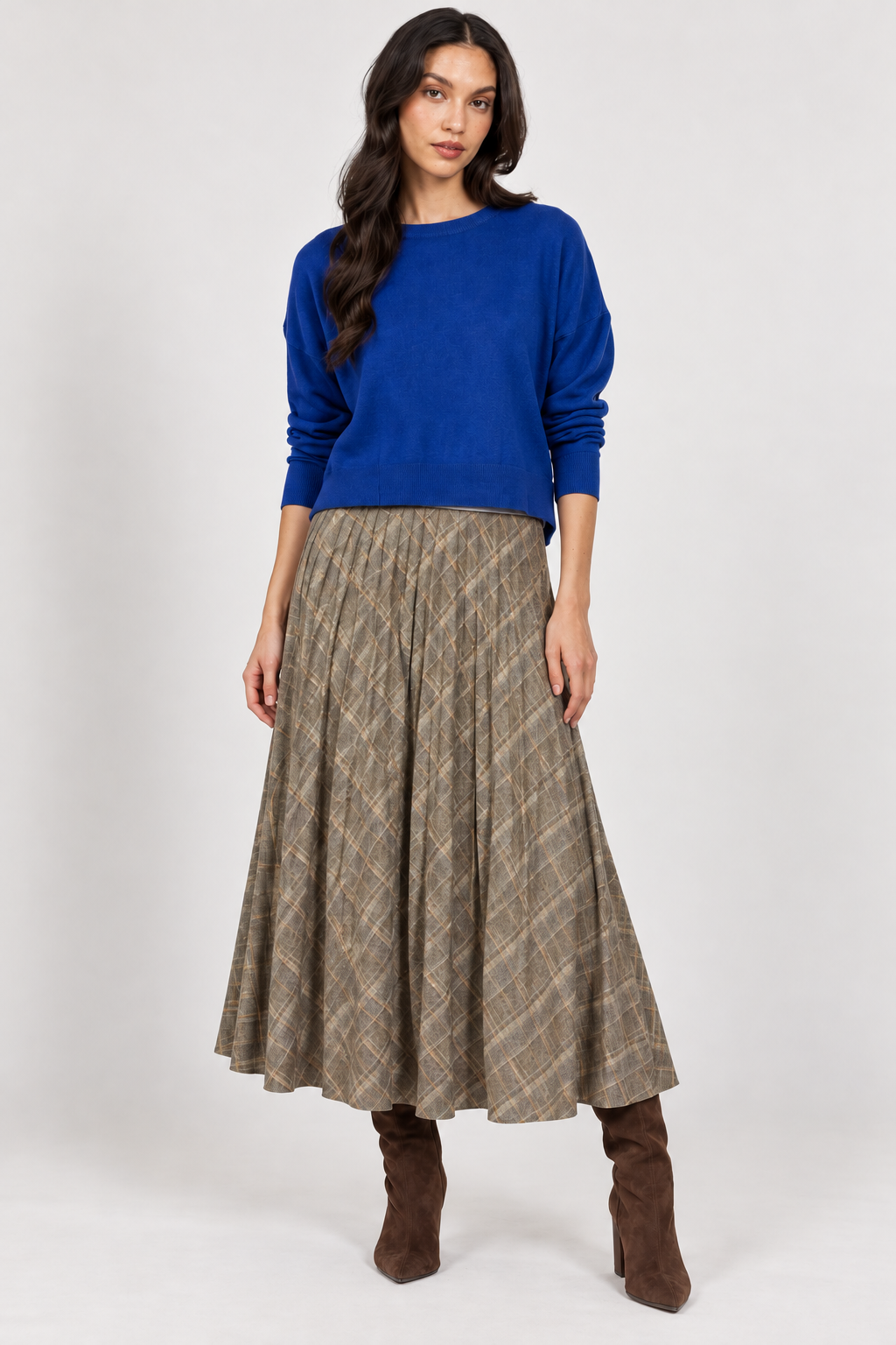 Sabrina Ponte Pleated Midi Skirt in smoked green plaid by Lysse