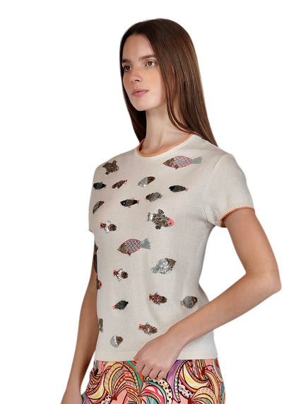 Carmelita Embellished Fish Top in ivory by Conditions Apply