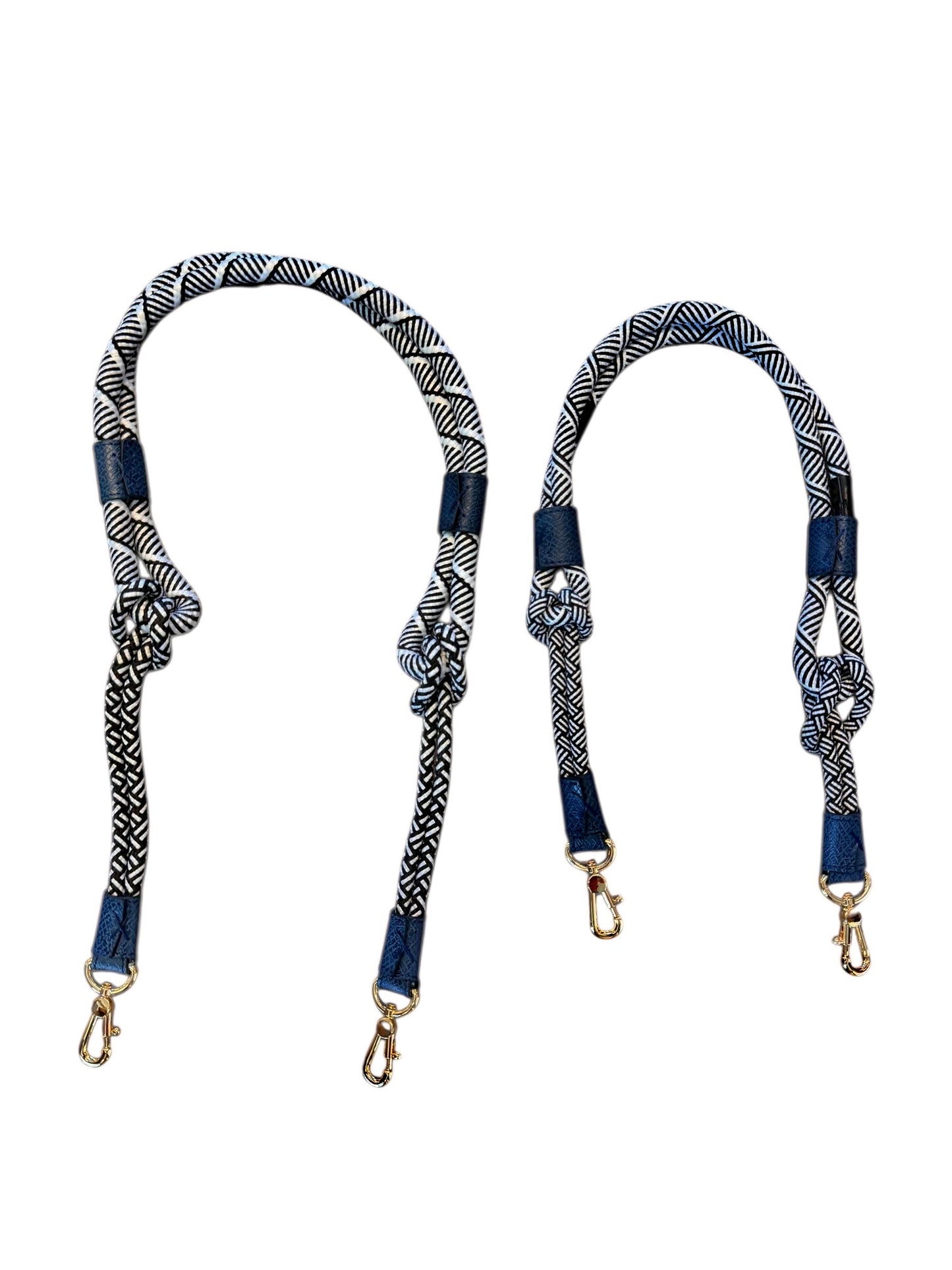 Braided Nylon Strap in black & white rope with dark blue reticulated leather
