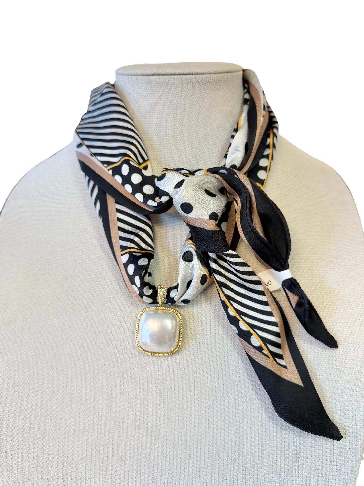 Pearl Square Pendant on Scarf Necklace in black & white by Virtue