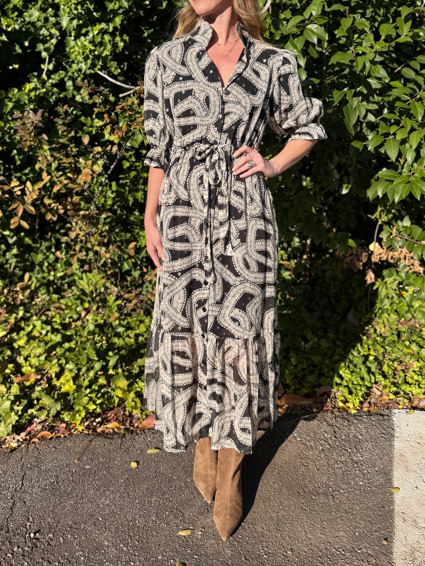 Catherine Shirt Dress in holiday geo cream by Holly Shae