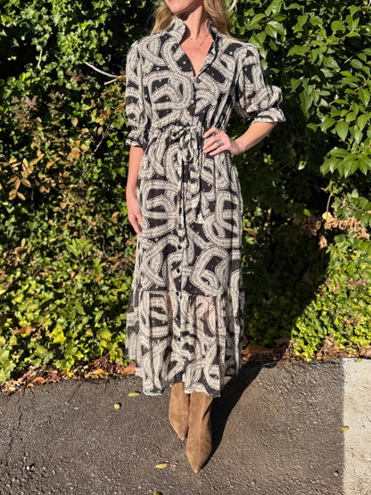 Catherine Shirt Dress in holiday geo cream by Holly Shae