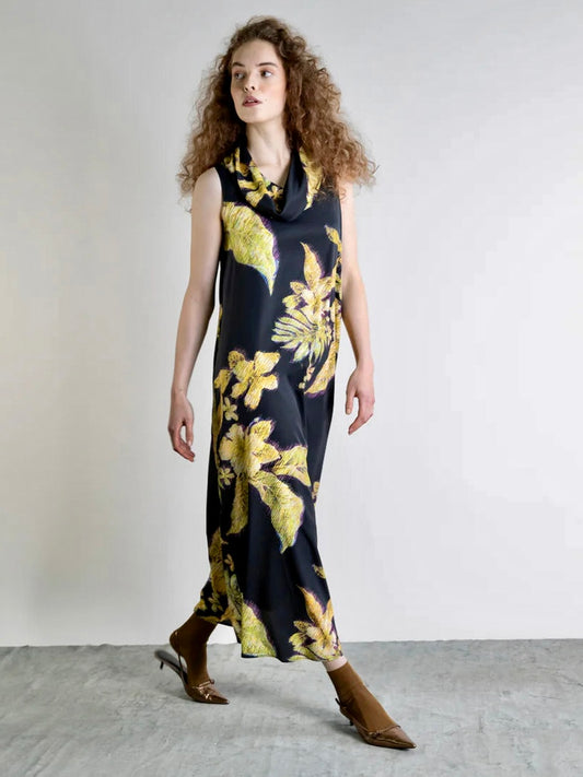 Sleeveless Floral Printed Maxi Dress in gold by Psophia