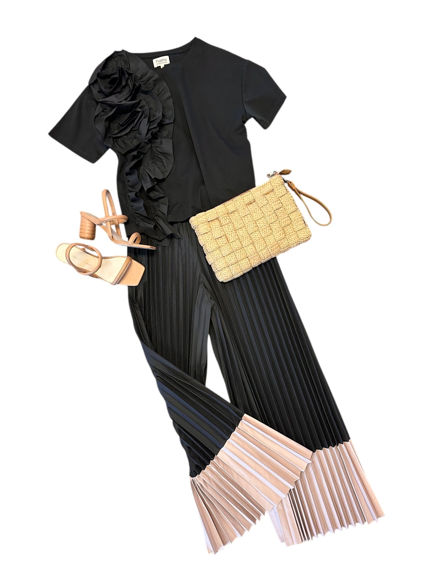 Solid Tee with Poplin Flower Ruffle in black by Psophia