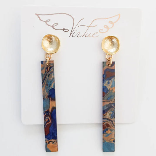 Acrylic Bar on Round Hammered Post Earring in blue/brown marble by Virtue