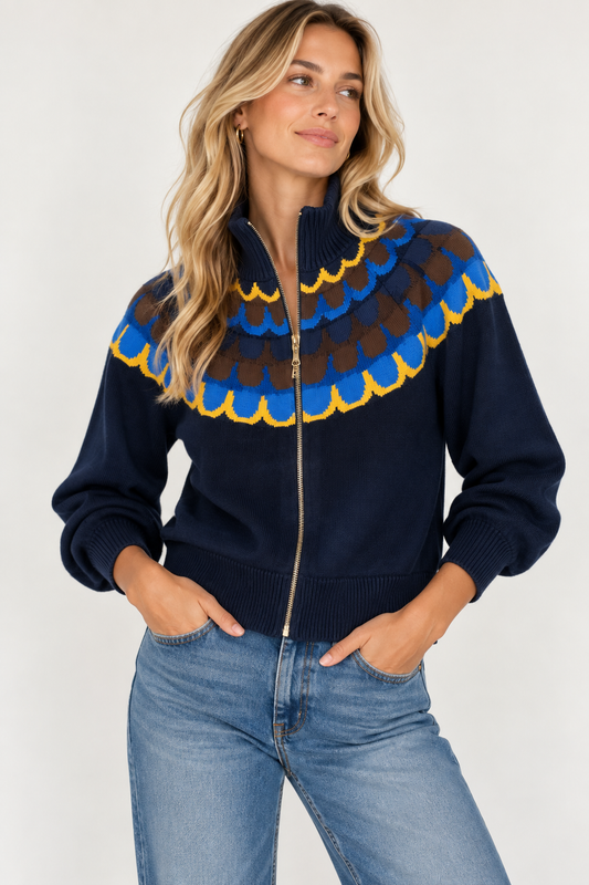 Fair Isle Zip Up Sweater in navy by J.Society