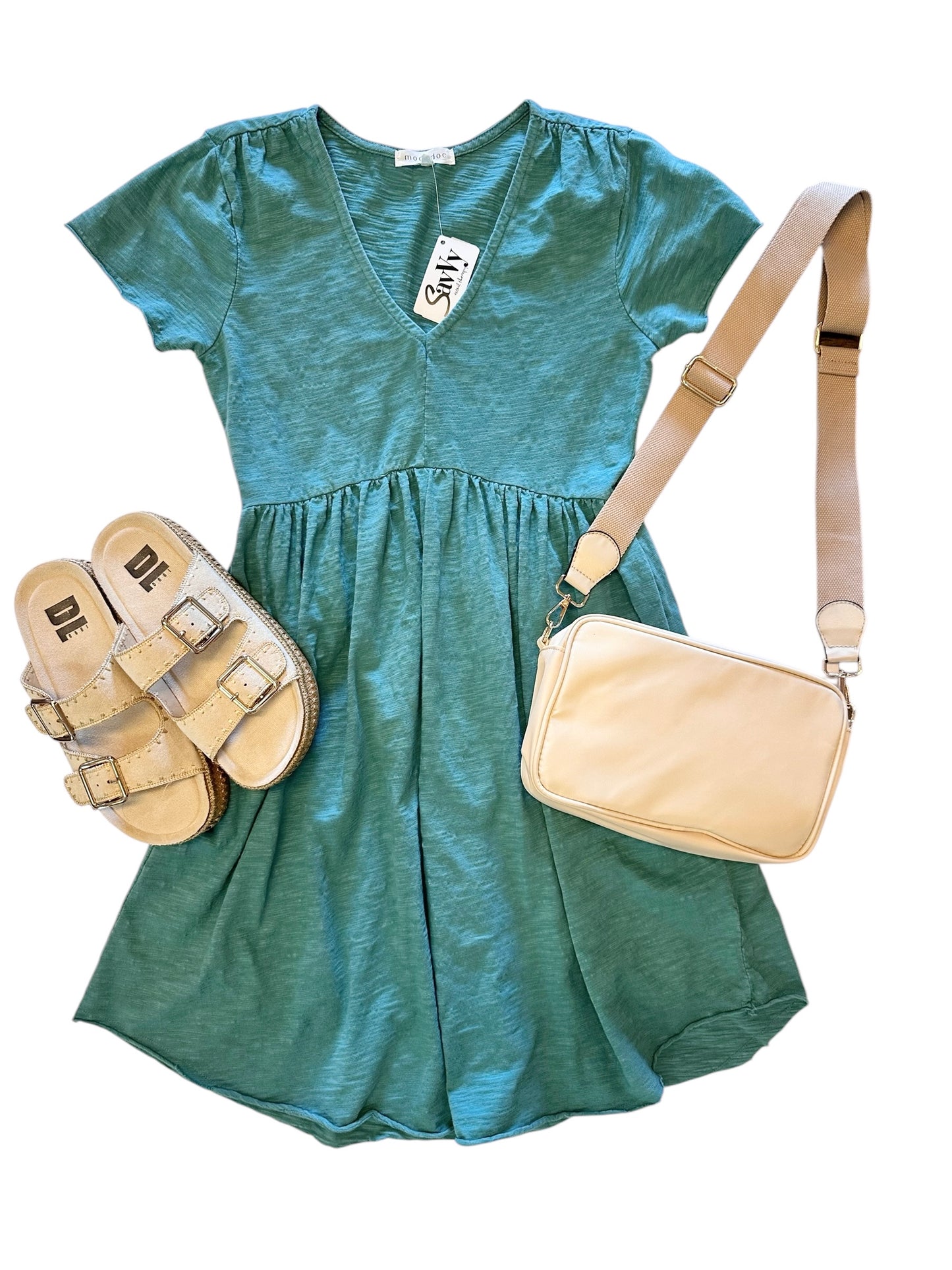 Short Sleeve V-Neck Shirred Dress in open water by Mododoc