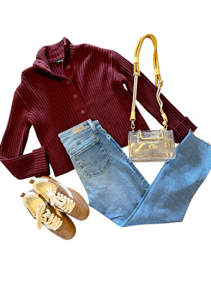 Lakshmi Long Sleeve Mock Neck Sweater in deep burgundy by RD