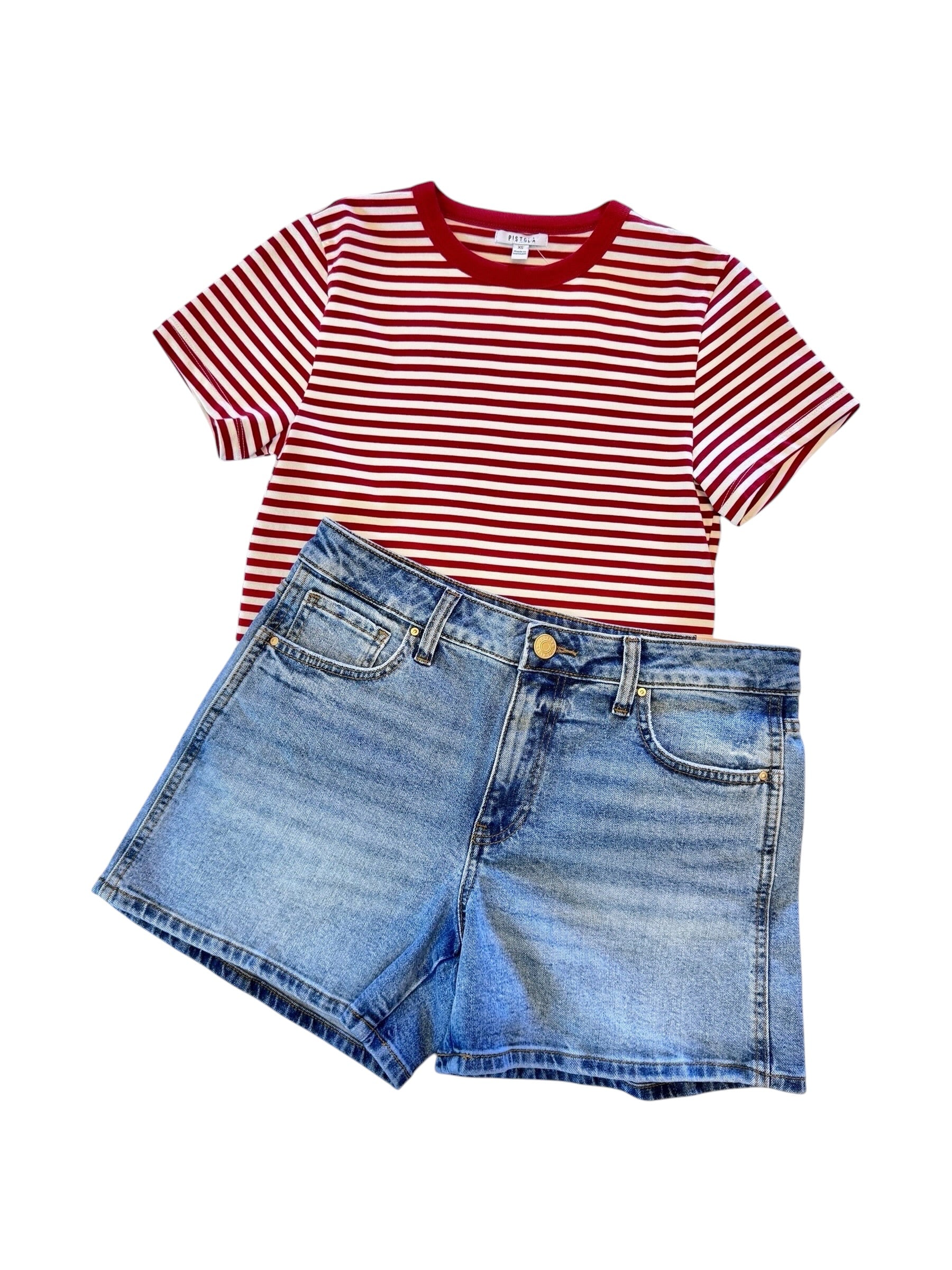 Red and white striped t-shirt with blue denim shorts on a white background