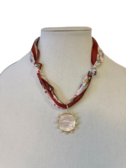 Gemstone Sun Pendant on Scarf Necklace in floral by Virtue