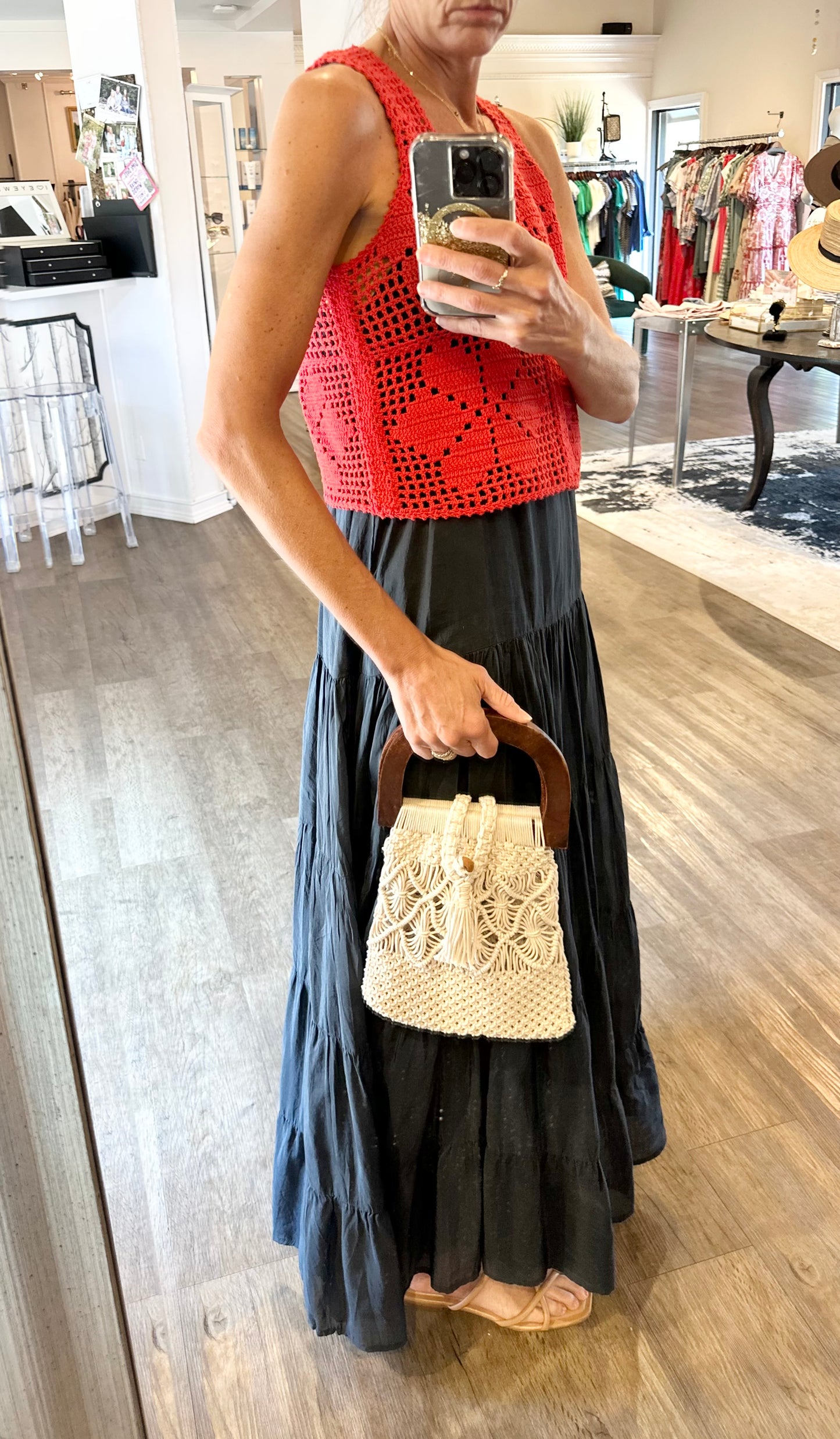 Coco Bag – Cotton Macrame Handbag with Dark Wood Handle