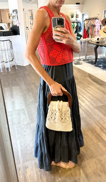 Coco Bag – Cotton Macrame Handbag with Dark Wood Handle