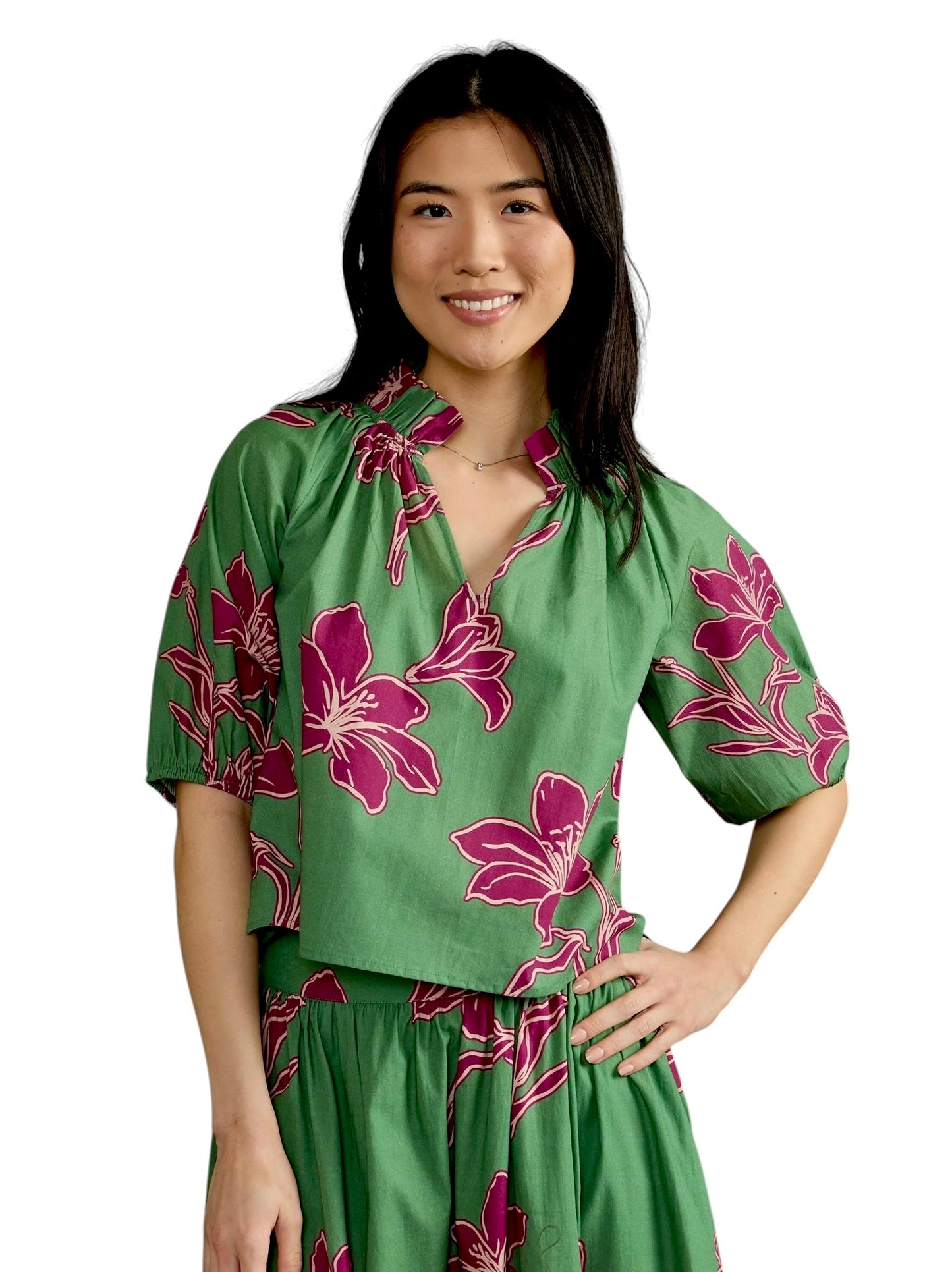 Trish Printed Top in verde ochid by Double A