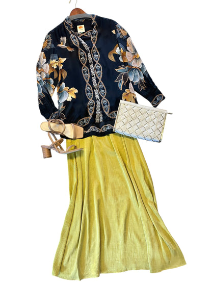 Long Cupro Crinkle Skirt in golden olive by Esqualo