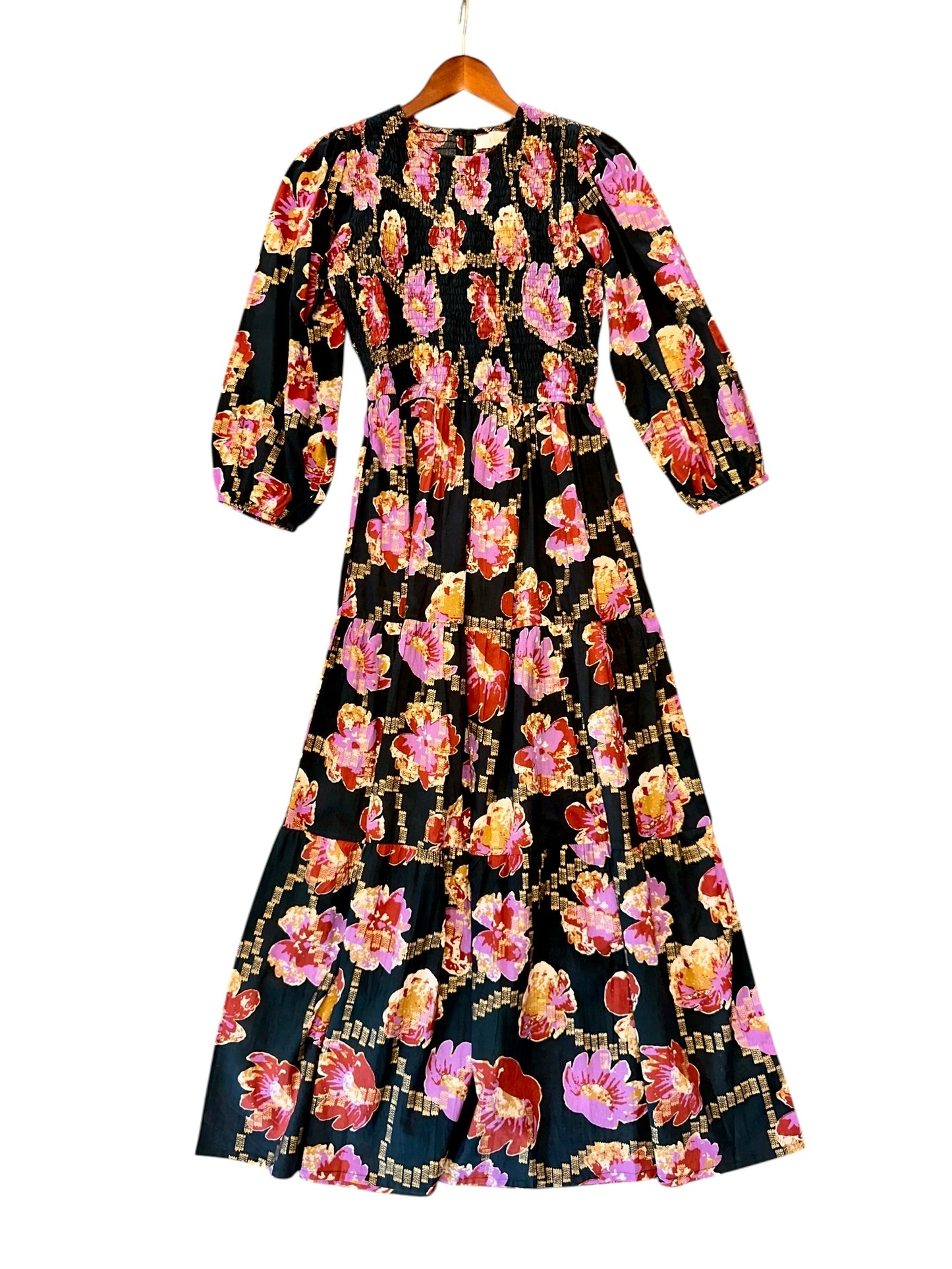 Melinda Smocked Dress in metallic floral by Bindu