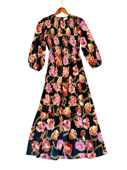 Melinda Smocked Dress in metallic floral by Bindu