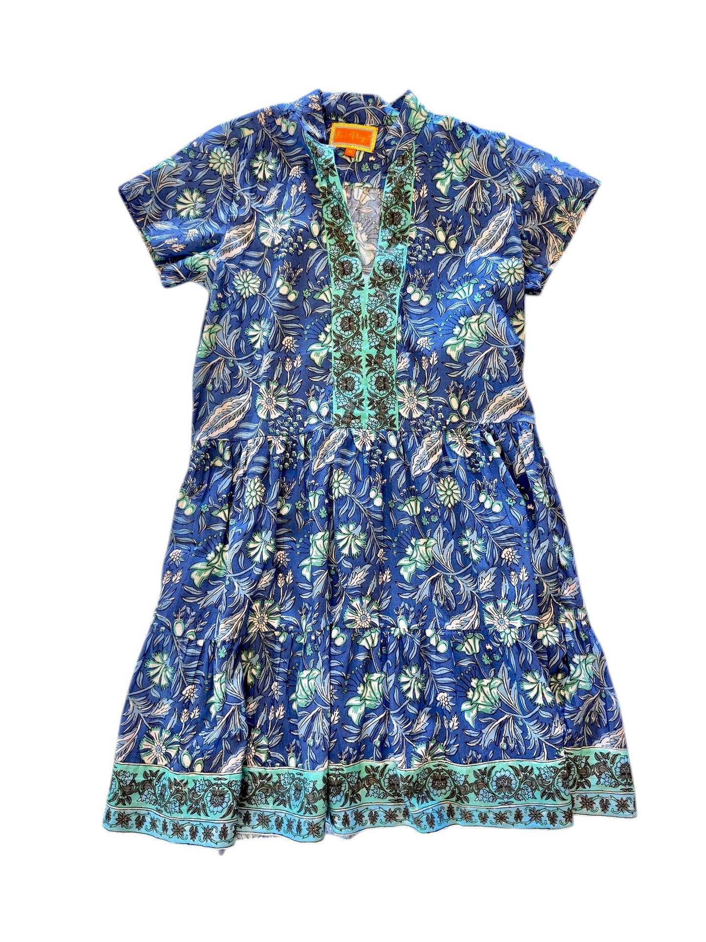 Alison Shortsleeve Floral Block Print Dress in blue/turquoise by La Plage