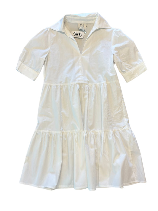 Tiered Poplin Collar Dress in white by Molly Bracken