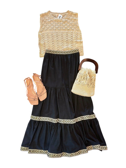 Long Skirt with Ruffles & Embroidery in black by NKN