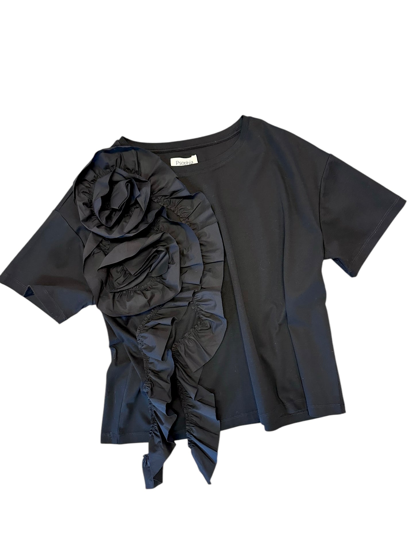 Solid Tee with Poplin Flower Ruffle in black by Psophia