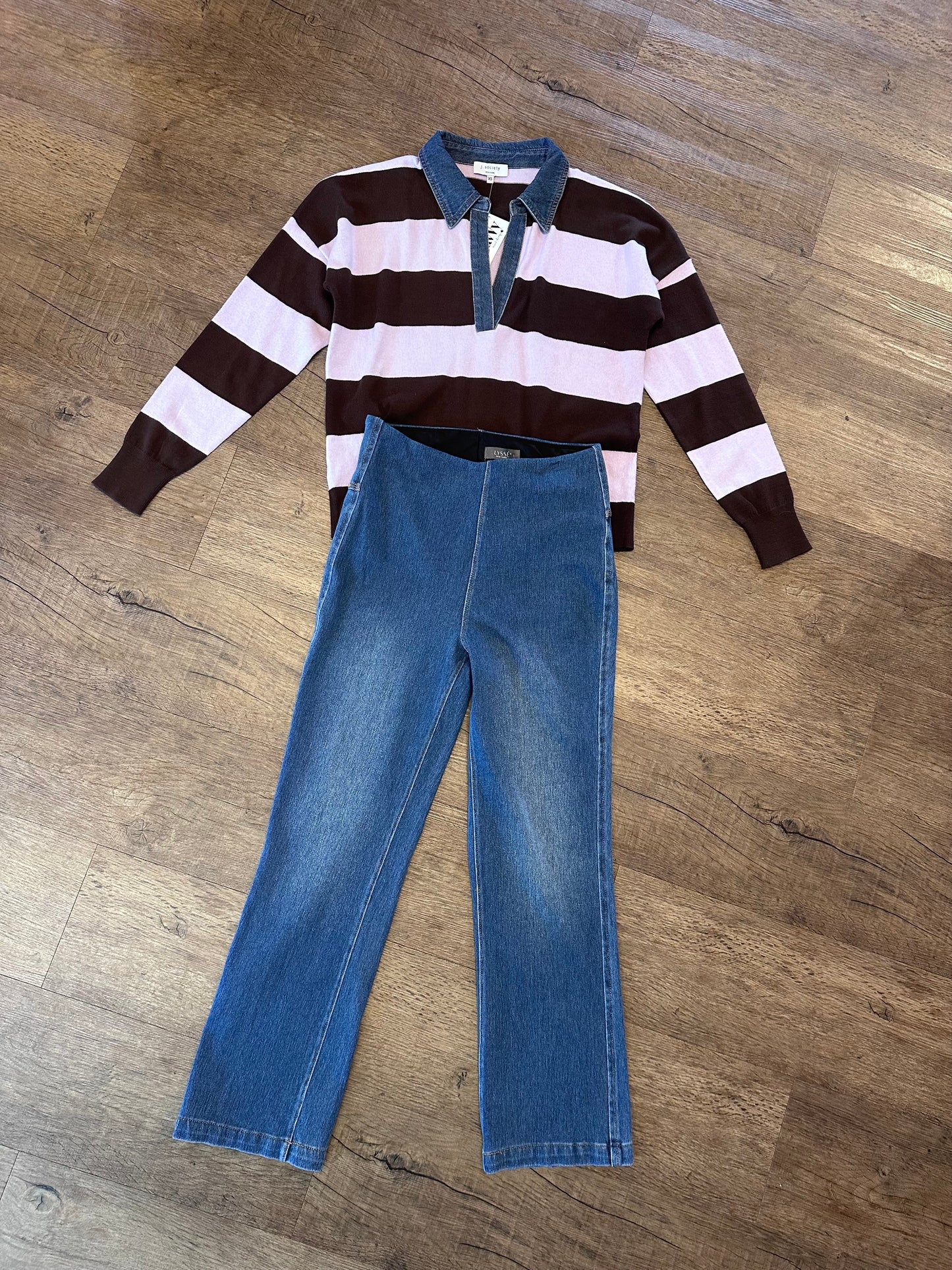 Denim Collar Polo Stripe Sweater in coffee bean/ lilac by J.Society