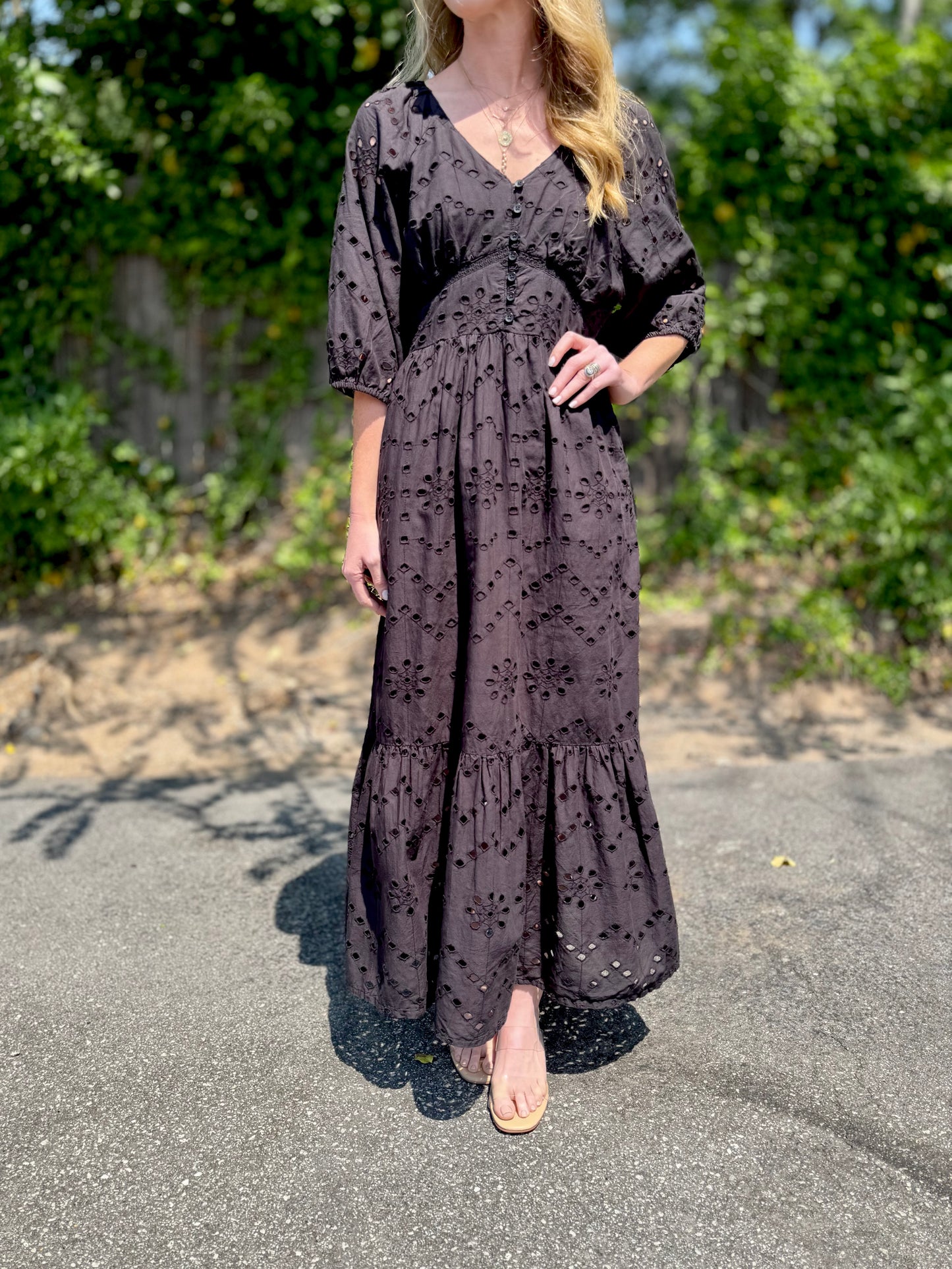 Eyelet Maxi Dress in black by Molly Bracken