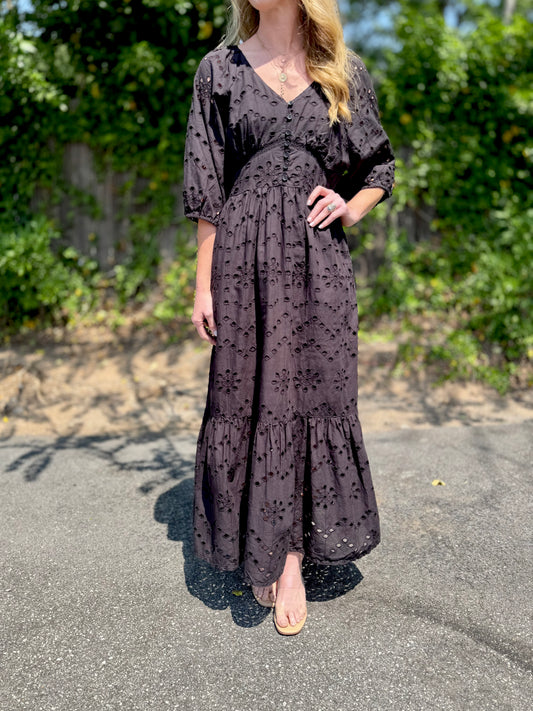 Eyelet Maxi Dress in black by Molly Bracken